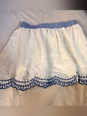 White Eyelet Mini Skirt with Blue Trim and Elastic Waist